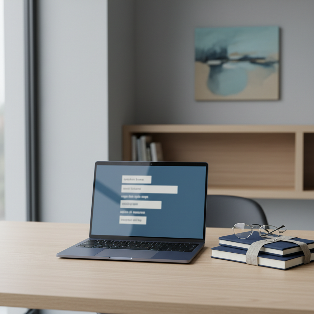 A sleek midnight-blue laptop sits slightly off-center on a tidy, pale oak table, its screen showing a softly blurred interface filled with blocks resembling Turkish text. Beside it, a pair of thin-rimmed reading glasses rests atop a stack of neatly arranged navy and ivory journals tied with a linen ribbon. Soft overcast daylight floods in from the left, creating a cool, even illumination and subtle reflections on the laptop’s metallic surface. The background fades into bokeh hints of a minimalist bookshelf and a single abstract painting in muted blues. Captured from a slightly elevated angle, the photographic image feels calm, intellectual, and sophisticated, echoing the introspective, essay-driven nature of a personal blog.