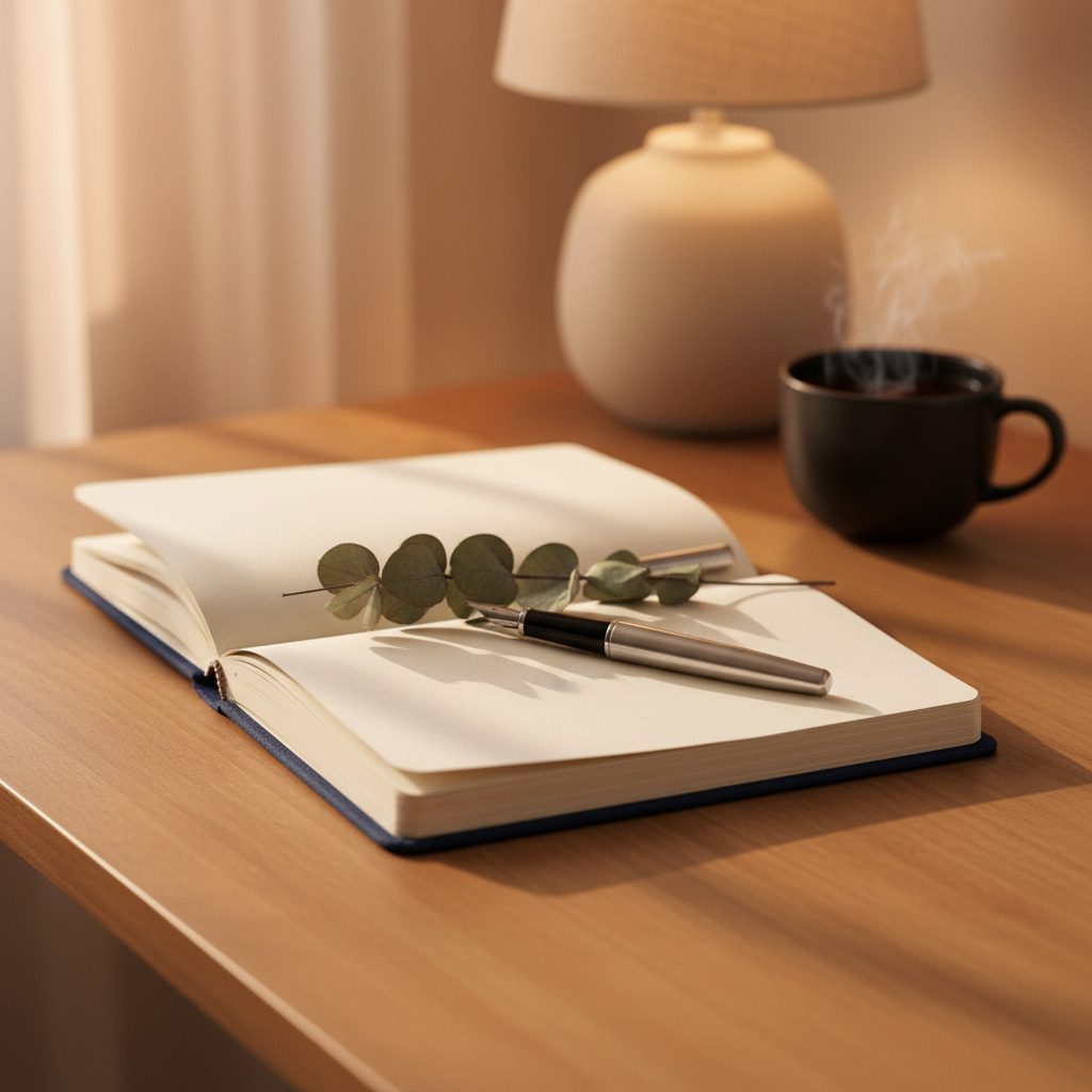 A slender, deep-blue hardcover notebook lies open on a smooth wooden desk, its creamy blank pages inviting quiet reflection.