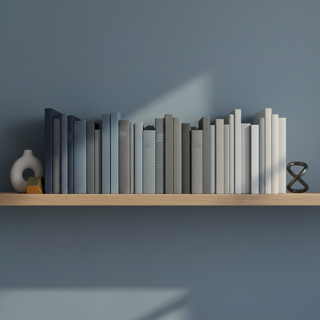 A long, minimalist wooden shelf holds a curated row of books in shades of blue, gray, and cream, their spines facing inward so no titles are visible, emphasizing texture and color rather than text. Between them, small sculptural objects in matte white ceramic and brushed metal add artistic interest. Soft morning light enters from the right, creating graceful gradients and shadows along the shelf’s edge. The background wall is painted a subtle smoky blue, slightly out of focus. Captured straight-on with sharp focus throughout, the photographic composition feels organized, calm, and intellectually refined, symbolizing the varied yet harmonious collection of personal essays and thoughts on a sophisticated Turkish blog homepage.