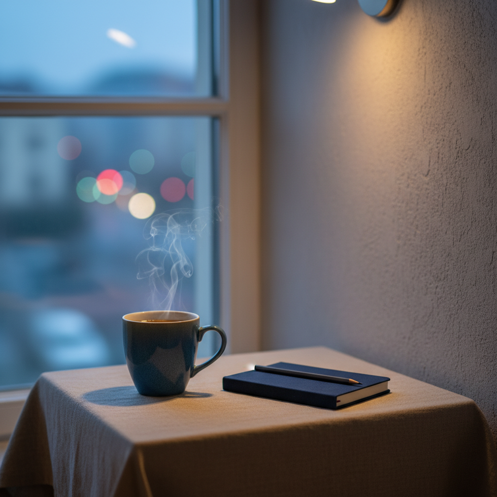 An elegant ceramic cup in a muted cobalt glaze sits on a small linen-covered table beside a window, steam curling upward in delicate wisps. Next to it, a slim dark-blue notebook lies closed, with a graphite pencil placed perfectly parallel to its spine. Outside the slightly frosted window, the suggestion of a cityscape at dusk appears as soft, colorful bokeh. Cool twilight filters in, balanced by the gentle warmth of a wall sconce, creating layered, atmospheric lighting. Photographed with a shallow depth of field and composed according to the rule of thirds, the scene feels intimate, reflective, and slightly melancholic, ideal as a visual metaphor for deep, personal Turkish reflections shared on a sophisticated blog.